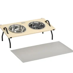 Gamelle double chien porte-gamelles surélevé 2 gamelles anti-glouton acier inox et tapis inclus acier noir plateau aspect bois clair