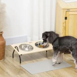 Gamelle double chien porte-gamelles surélevé 2 gamelles anti-glouton acier inox et tapis inclus acier noir plateau aspect bois clair