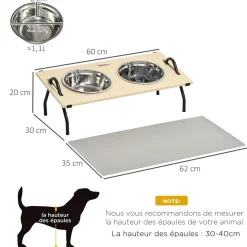 Gamelle double chien porte-gamelles surélevé 2 gamelles anti-glouton acier inox et tapis inclus acier noir plateau aspect bois clair