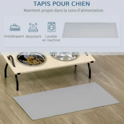 Gamelle double chien porte-gamelles surélevé 2 gamelles anti-glouton acier inox et tapis inclus acier noir plateau aspect bois clair