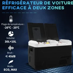 Glacière électrique portable 40L pour voiture - congélateur réfrigérateur 2 zones - LED - noir blanc