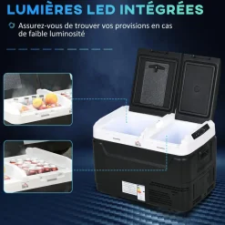 Glacière électrique portable 40L pour voiture - congélateur réfrigérateur 2 zones - LED - noir blanc