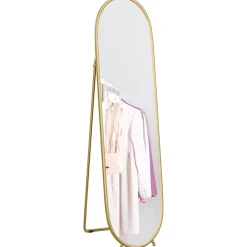 Grand miroir sur pied - miroir mural ovale avec support - dim. 40L x 160H cm - métal doré