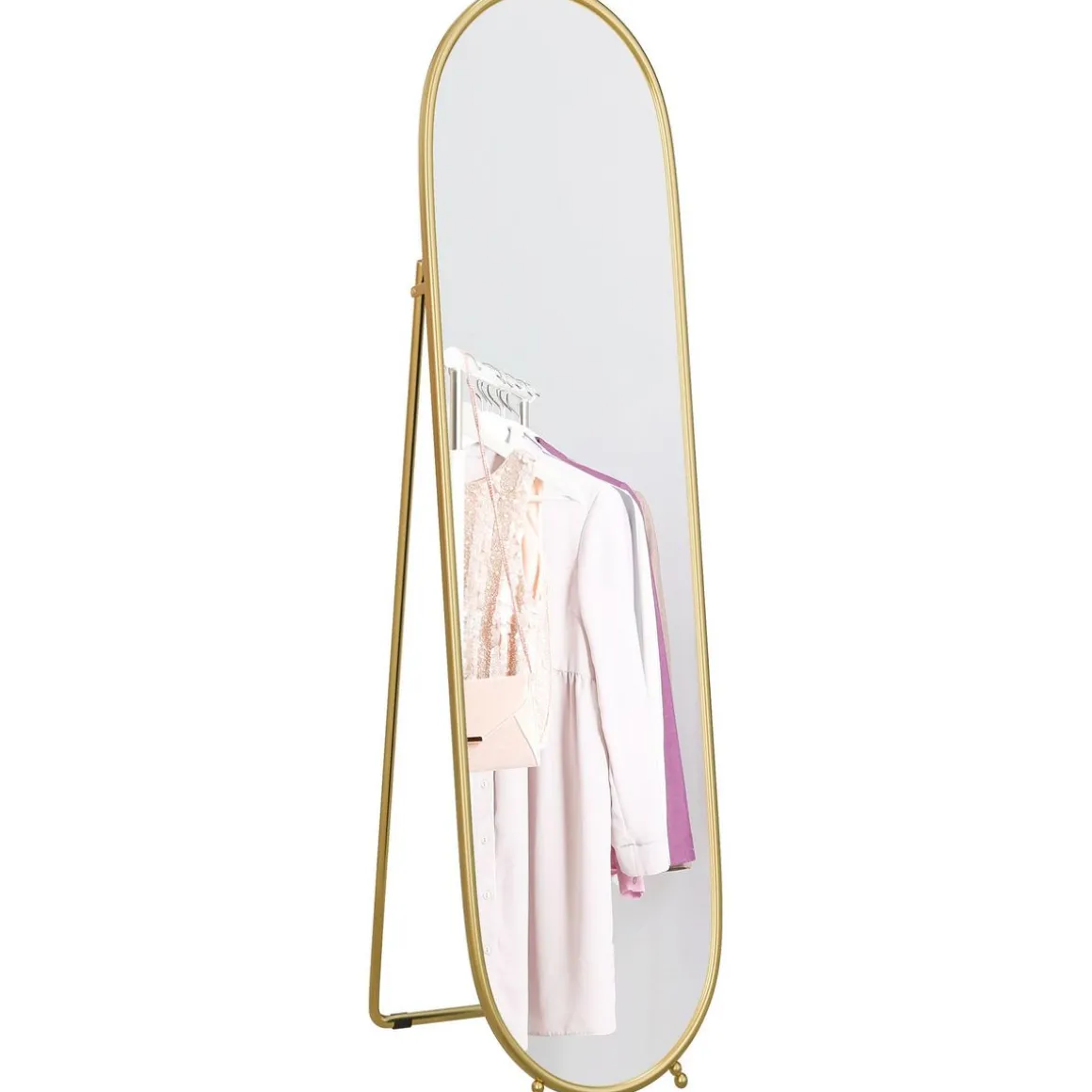 Grand miroir sur pied - miroir mural ovale avec support - dim. 40L x 160H cm - métal doré