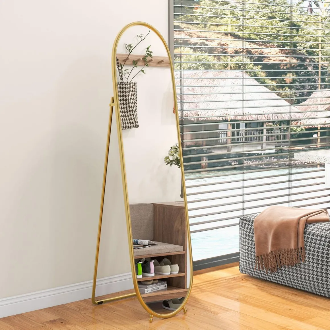 Grand miroir sur pied - miroir mural ovale avec support - dim. 40L x 160H cm - métal doré