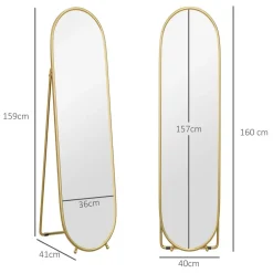 Grand miroir sur pied - miroir mural ovale avec support - dim. 40L x 160H cm - métal doré
