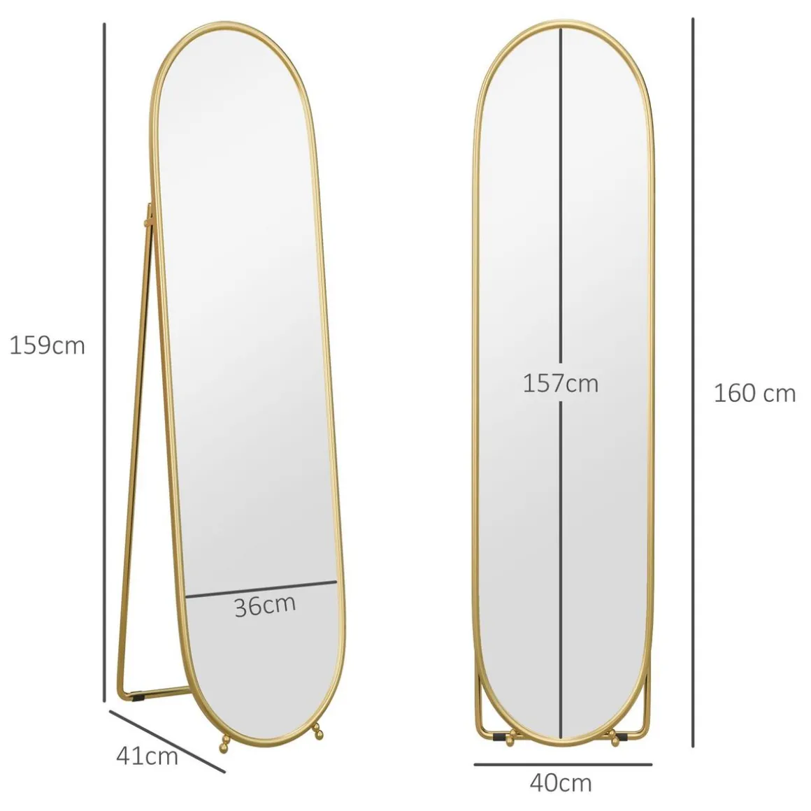 Grand miroir sur pied - miroir mural ovale avec support - dim. 40L x 160H cm - métal doré