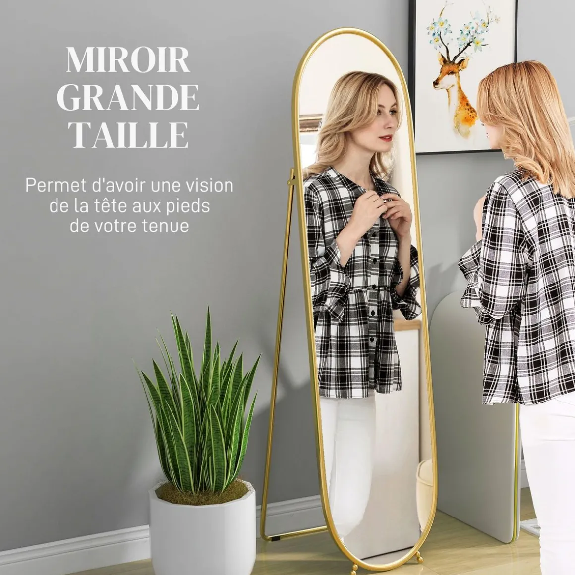 Grand miroir sur pied - miroir mural ovale avec support - dim. 40L x 160H cm - métal doré