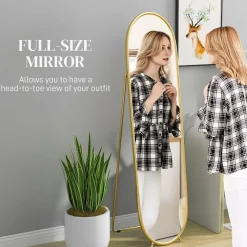 Grand miroir sur pied - miroir mural ovale avec support - dim. 40L x 160H cm - métal doré