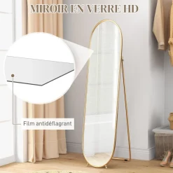 Grand miroir sur pied - miroir mural ovale avec support - dim. 40L x 160H cm - métal doré