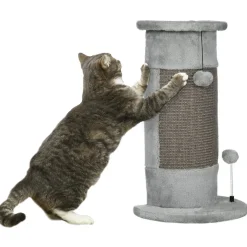 Griffoir grattoir poteau angle 58H cm design jeu boule suspendue + boule sur ressort peluche jute naturelle gris