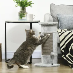 Griffoir grattoir poteau angle 58H cm design jeu boule suspendue + boule sur ressort peluche jute naturelle gris