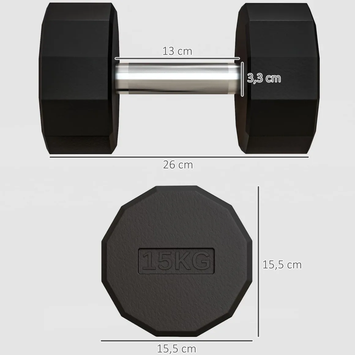 Haltère courte dodécagonale 15 Kg - poignée antidérapante - métal caoutchouc noir