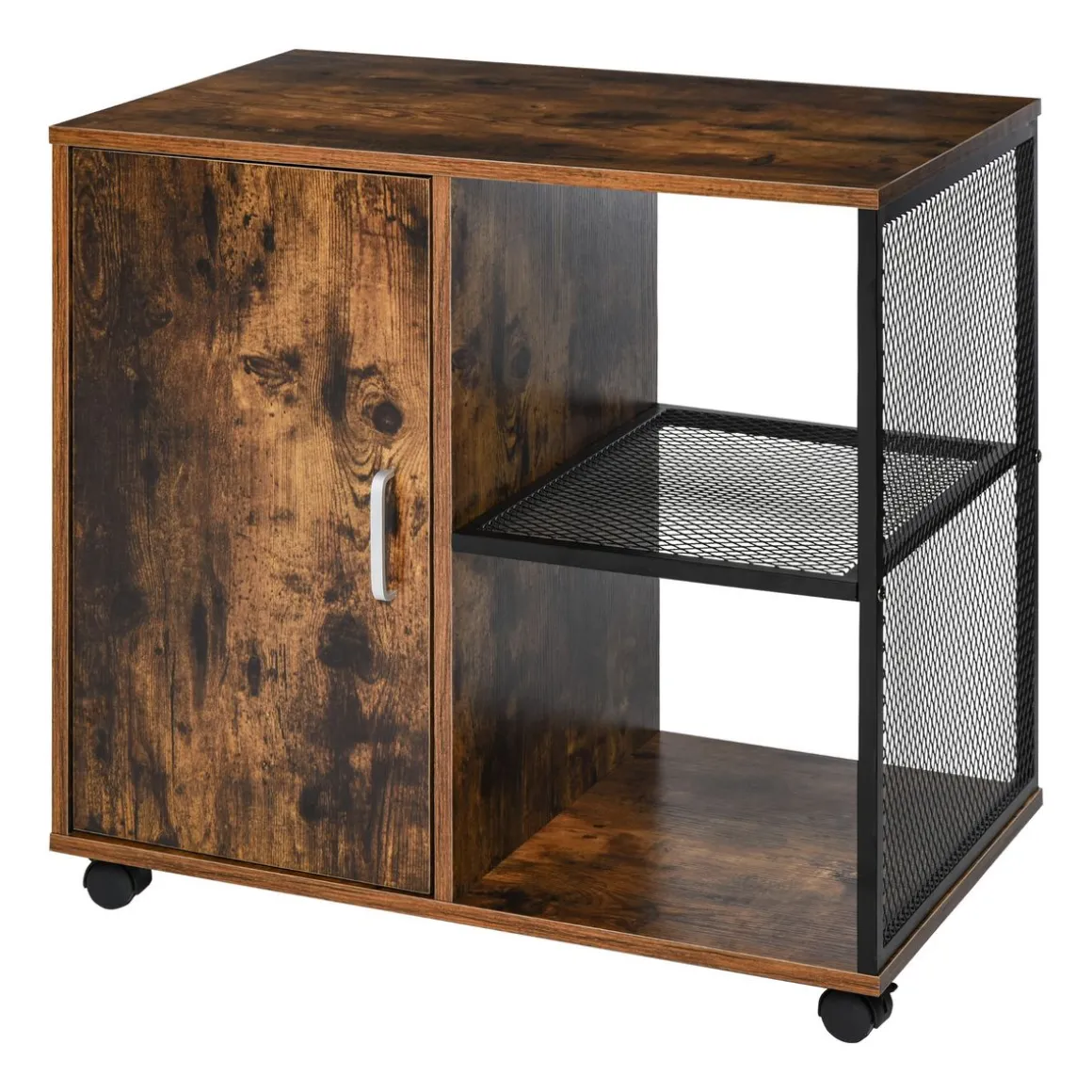 HOMCOM Support d'imprimante - caisson organiseur bureau - placard porte, 2 niches, grand plateau - panneaux particules coloris boisé métal noir