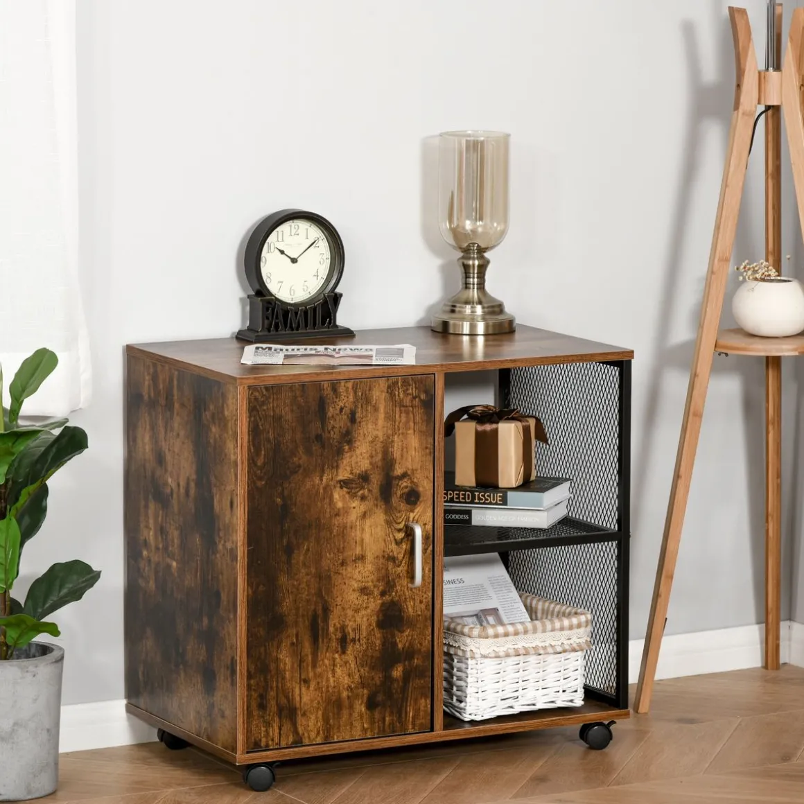 HOMCOM Support d'imprimante - caisson organiseur bureau - placard porte, 2 niches, grand plateau - panneaux particules coloris boisé métal noir