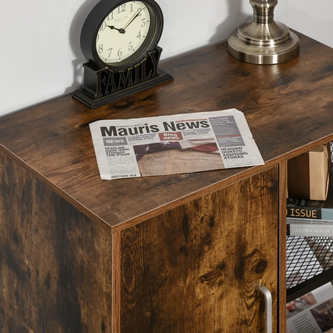 HOMCOM Support d'imprimante - caisson organiseur bureau - placard porte, 2 niches, grand plateau - panneaux particules coloris boisé métal noir