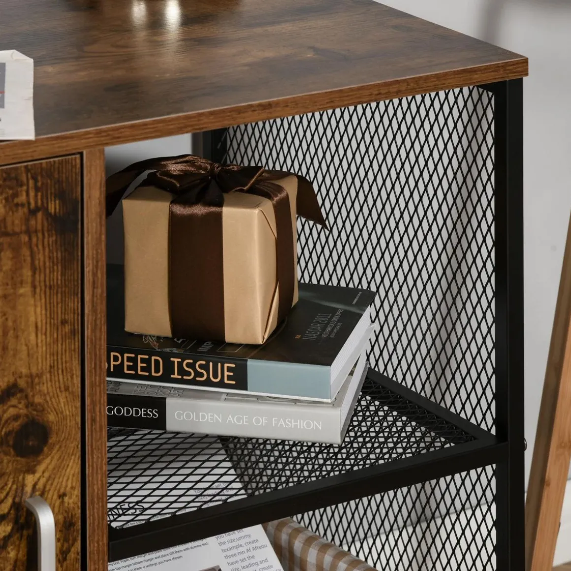 HOMCOM Support d'imprimante - caisson organiseur bureau - placard porte, 2 niches, grand plateau - panneaux particules coloris boisé métal noir