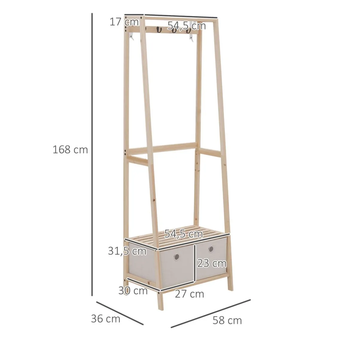 HOMCOM Vestiaire d'entrée porte-manteau 4 patères 2 tiroirs polyester gris clair 2 étagères bois de sapin