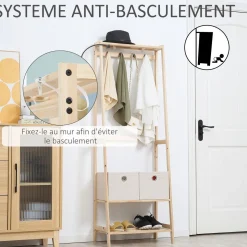 HOMCOM Vestiaire d'entrée porte-manteau 4 patères 2 tiroirs polyester gris clair 2 étagères bois de sapin