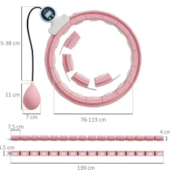 Hula Hoop fitness réglable dia. 76-113 cm - picots massage intégrés, segments amovibles - blanc rose