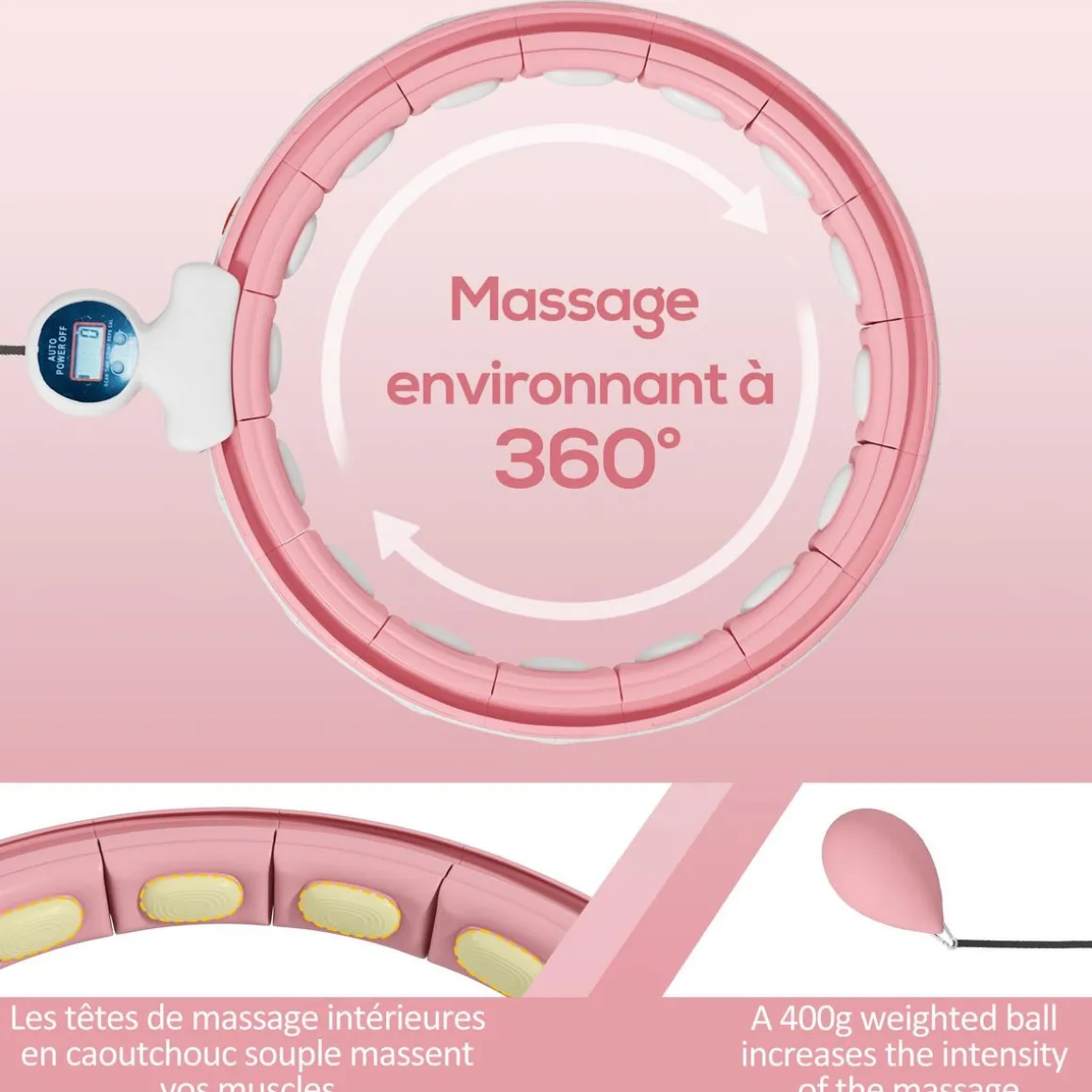 Hula Hoop fitness réglable dia. 76-113 cm - picots massage intégrés, segments amovibles - blanc rose