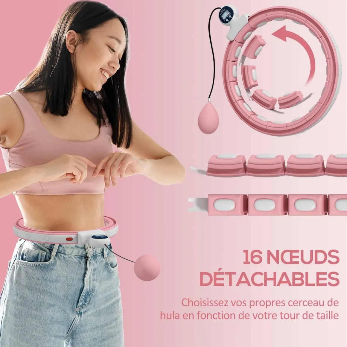 Hula Hoop fitness réglable dia. 76-113 cm - picots massage intégrés, segments amovibles - blanc rose