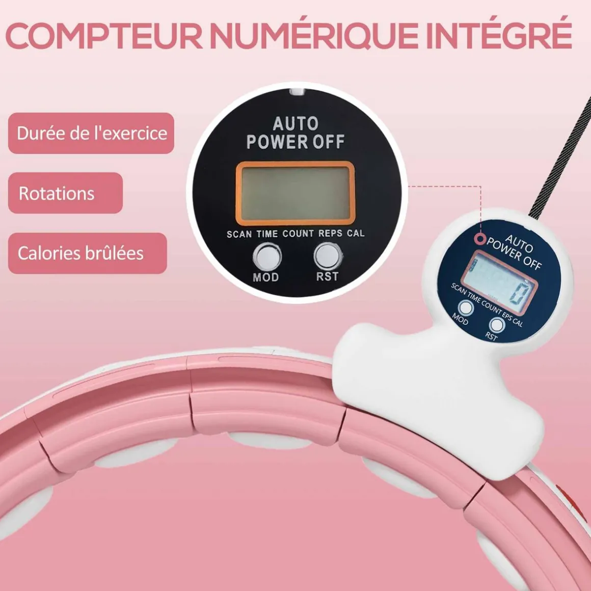 Hula Hoop fitness réglable dia. 76-113 cm - picots massage intégrés, segments amovibles - blanc rose