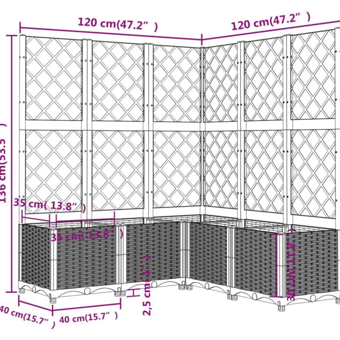 Jardiniere avec treillis bleu gris 120x120x136 cm PP