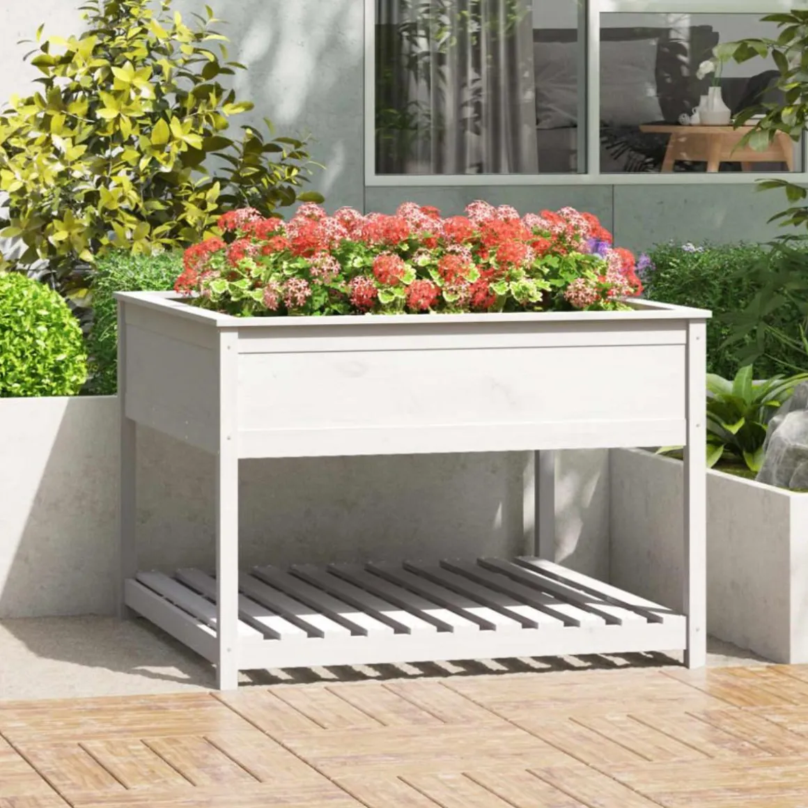 Jardiniere et etagere Blanc 111,5x111,5x81cm Bois massif de pin