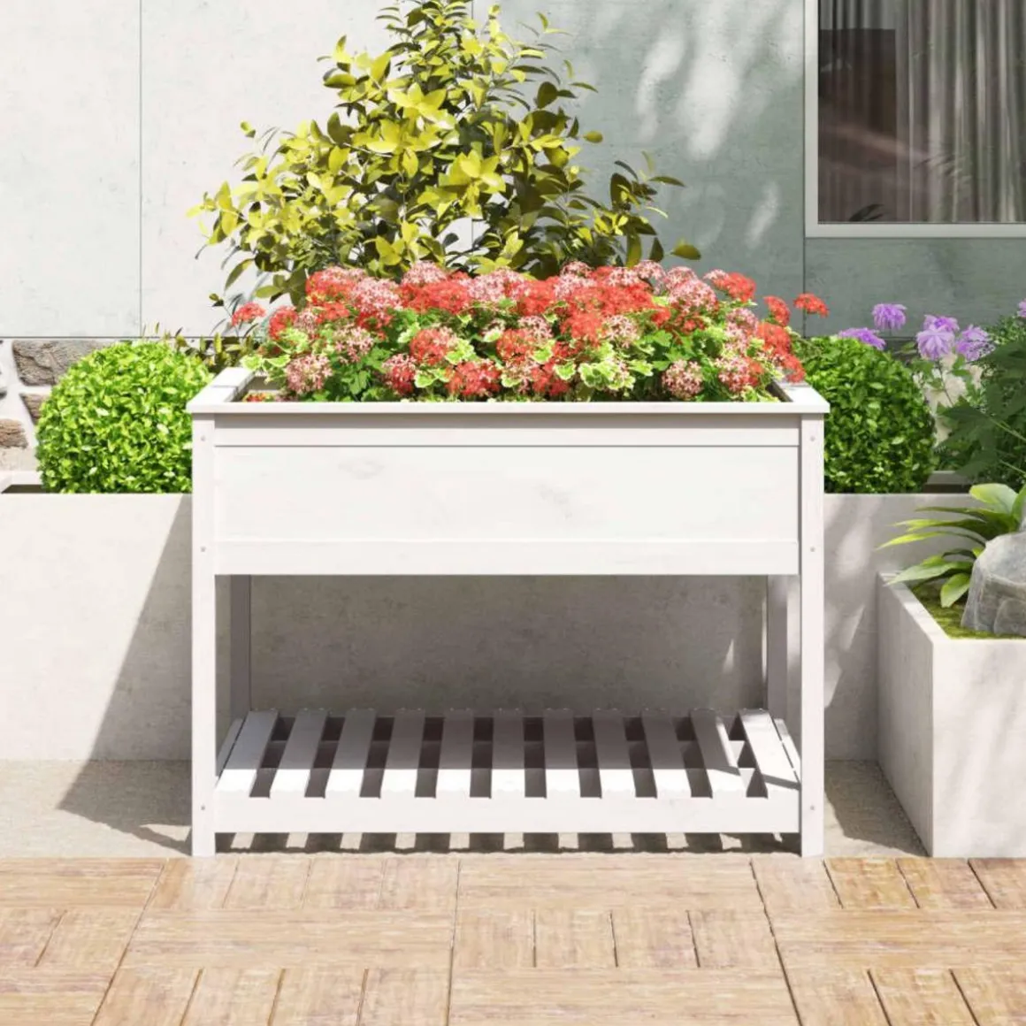 Jardiniere et etagere Blanc 111,5x111,5x81cm Bois massif de pin