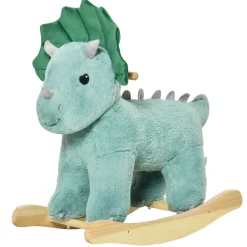 Jouet à bascule dinosaure effet sonore rugissement bois peuplier peluche courte polyester vert d'eau