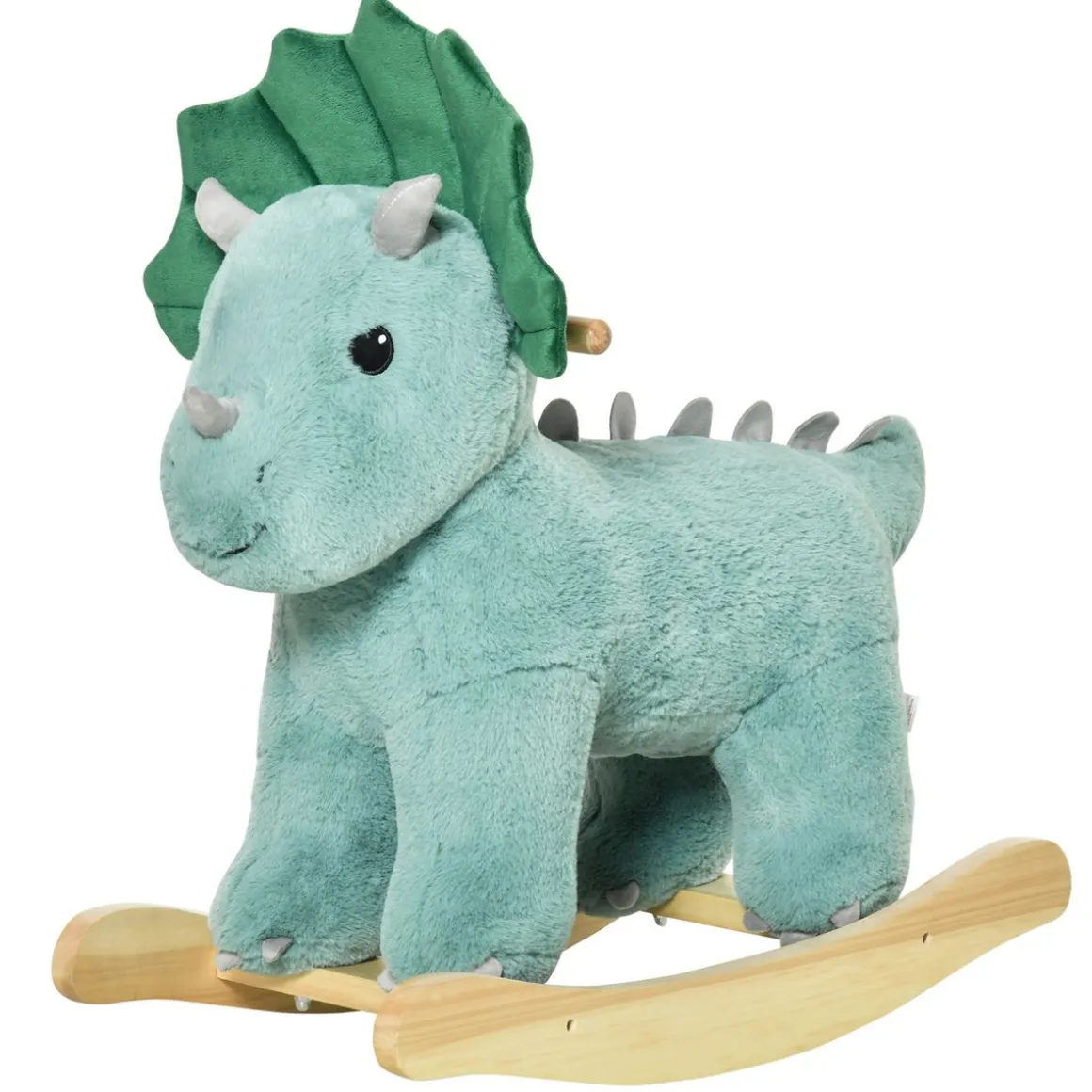 Jouet à bascule dinosaure effet sonore rugissement bois peuplier peluche courte polyester vert d'eau