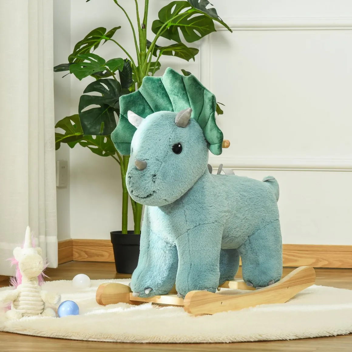 Jouet à bascule dinosaure effet sonore rugissement bois peuplier peluche courte polyester vert d'eau
