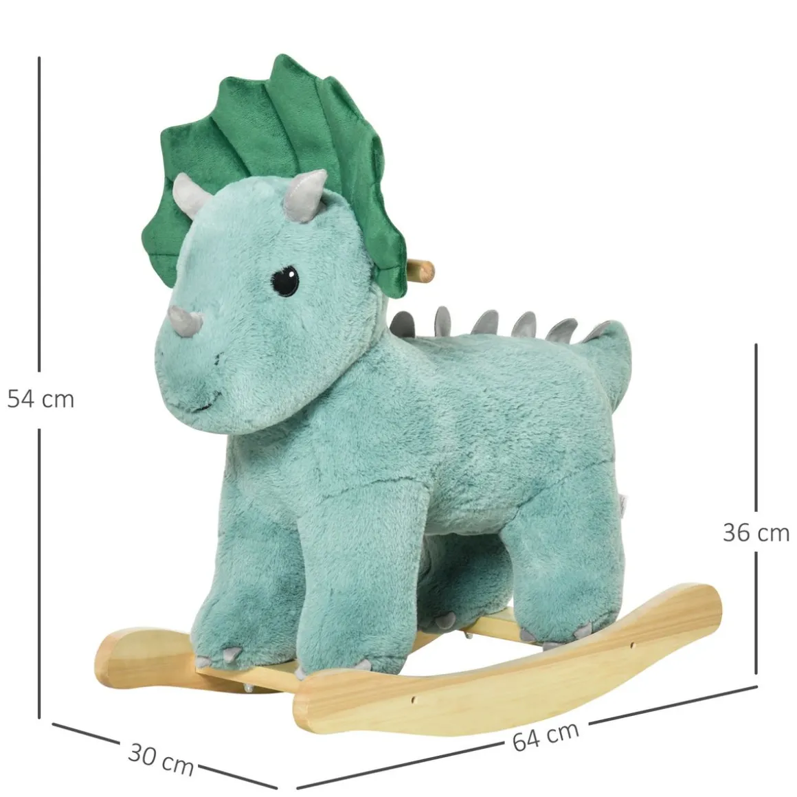 Jouet à bascule dinosaure effet sonore rugissement bois peuplier peluche courte polyester vert d'eau
