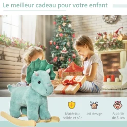Jouet à bascule dinosaure effet sonore rugissement bois peuplier peluche courte polyester vert d'eau