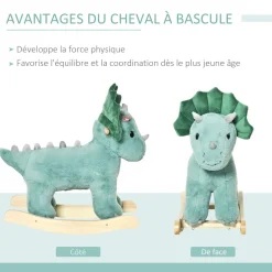 Jouet à bascule dinosaure effet sonore rugissement bois peuplier peluche courte polyester vert d'eau