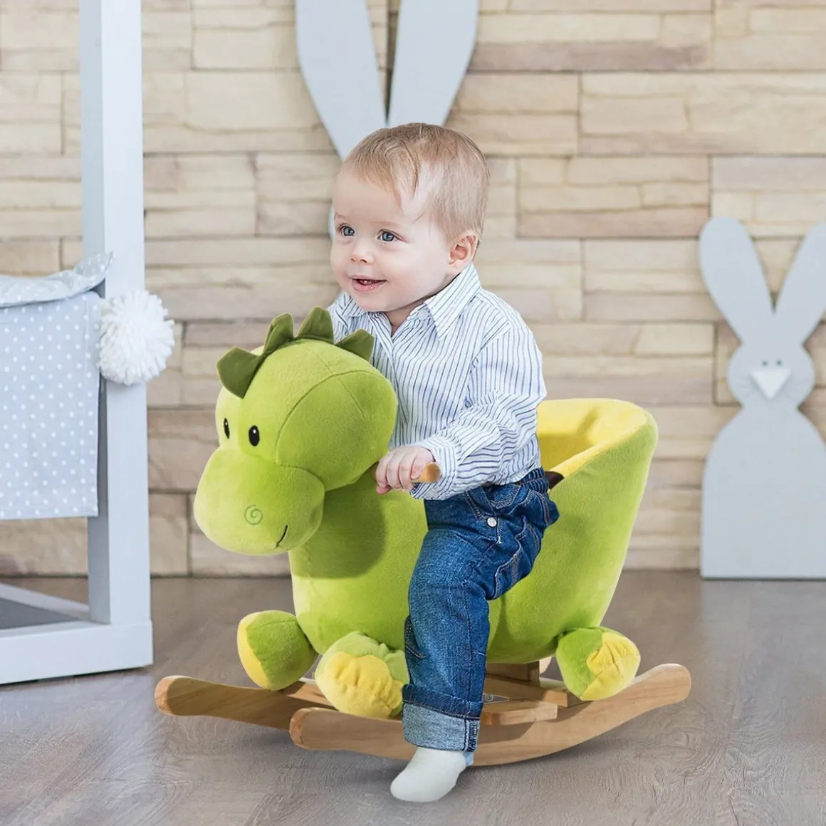 Jouet à bascule dinosaure ceinture de sécurité effet sonore 32 chansons bois peluche verte