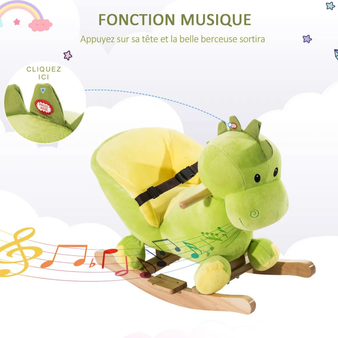 Jouet à bascule dinosaure ceinture de sécurité effet sonore 32 chansons bois peluche verte
