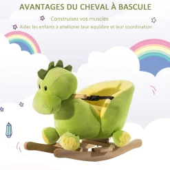 Jouet à bascule dinosaure ceinture de sécurité effet sonore 32 chansons bois peluche verte