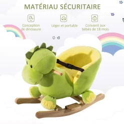 Jouet à bascule dinosaure ceinture de sécurité effet sonore 32 chansons bois peluche verte