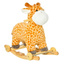 Jouet à bascule girafe et porteur sur roulettes 2 en 1 fonction sonore mugissement bois peuplier peluche courte polyester tacheté