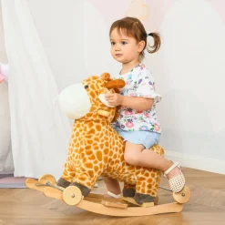 Jouet à bascule girafe et porteur sur roulettes 2 en 1 fonction sonore mugissement bois peuplier peluche courte polyester tacheté