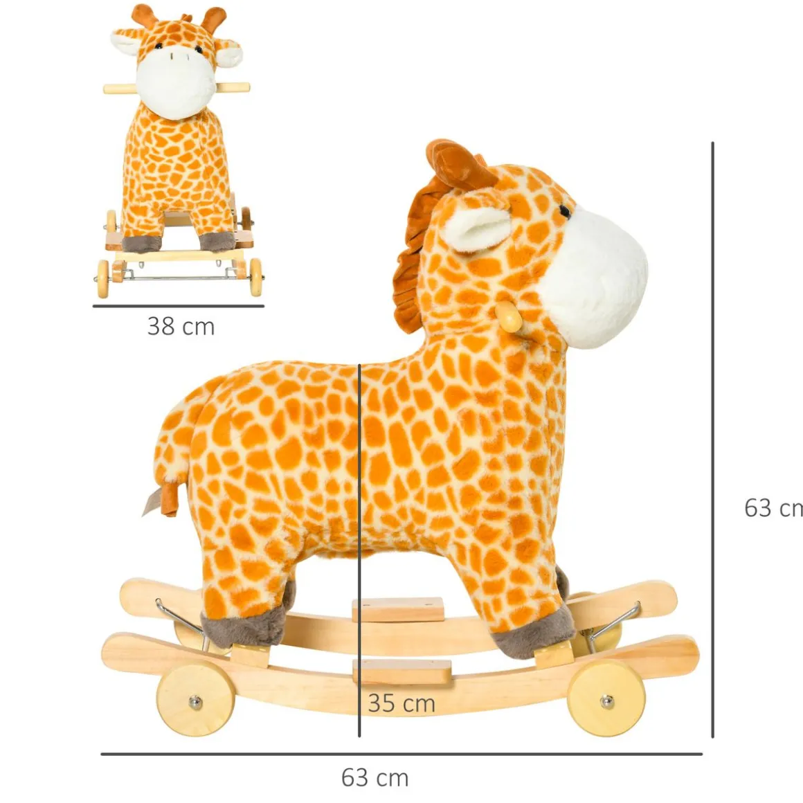 Jouet à bascule girafe et porteur sur roulettes 2 en 1 fonction sonore mugissement bois peuplier peluche courte polyester tacheté