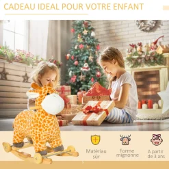 Jouet à bascule girafe et porteur sur roulettes 2 en 1 fonction sonore mugissement bois peuplier peluche courte polyester tacheté