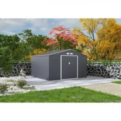 JUPITER Abri de jardin en métal 10,85 m² - 340 x 319 x 210 cm - Kit d'ancrage inclus, 2 portes coulissantes - Gris