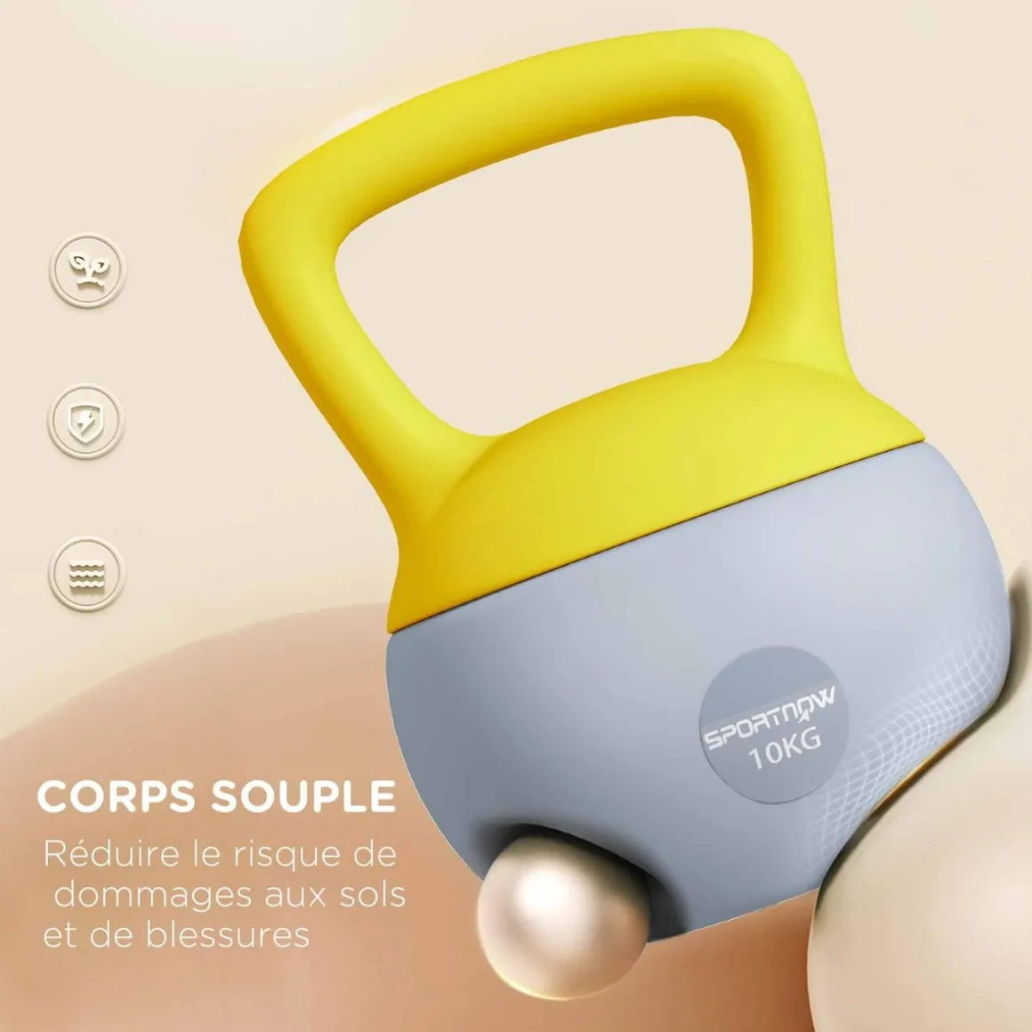 Kettlebell 10 Kg - prise ergonomique - entraînement musculaire & haltérophilie - PVC gris jaune
