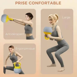 Kettlebell 10 Kg - prise ergonomique - entraînement musculaire & haltérophilie - PVC gris jaune