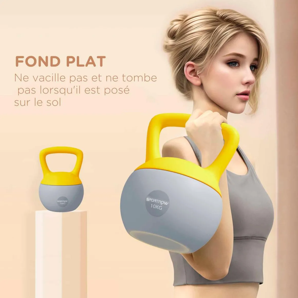 Kettlebell 10 Kg - prise ergonomique - entraînement musculaire & haltérophilie - PVC gris jaune