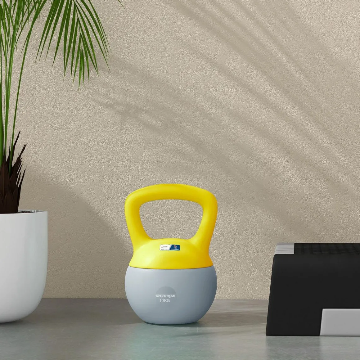 Kettlebell 10 Kg collaboration Aosom.fr x FFHandball - prise ergonomique - PVC gris jaune