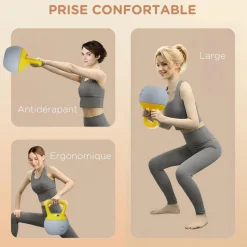 Kettlebell 10 Kg collaboration Aosom.fr x FFHandball - prise ergonomique - PVC gris jaune